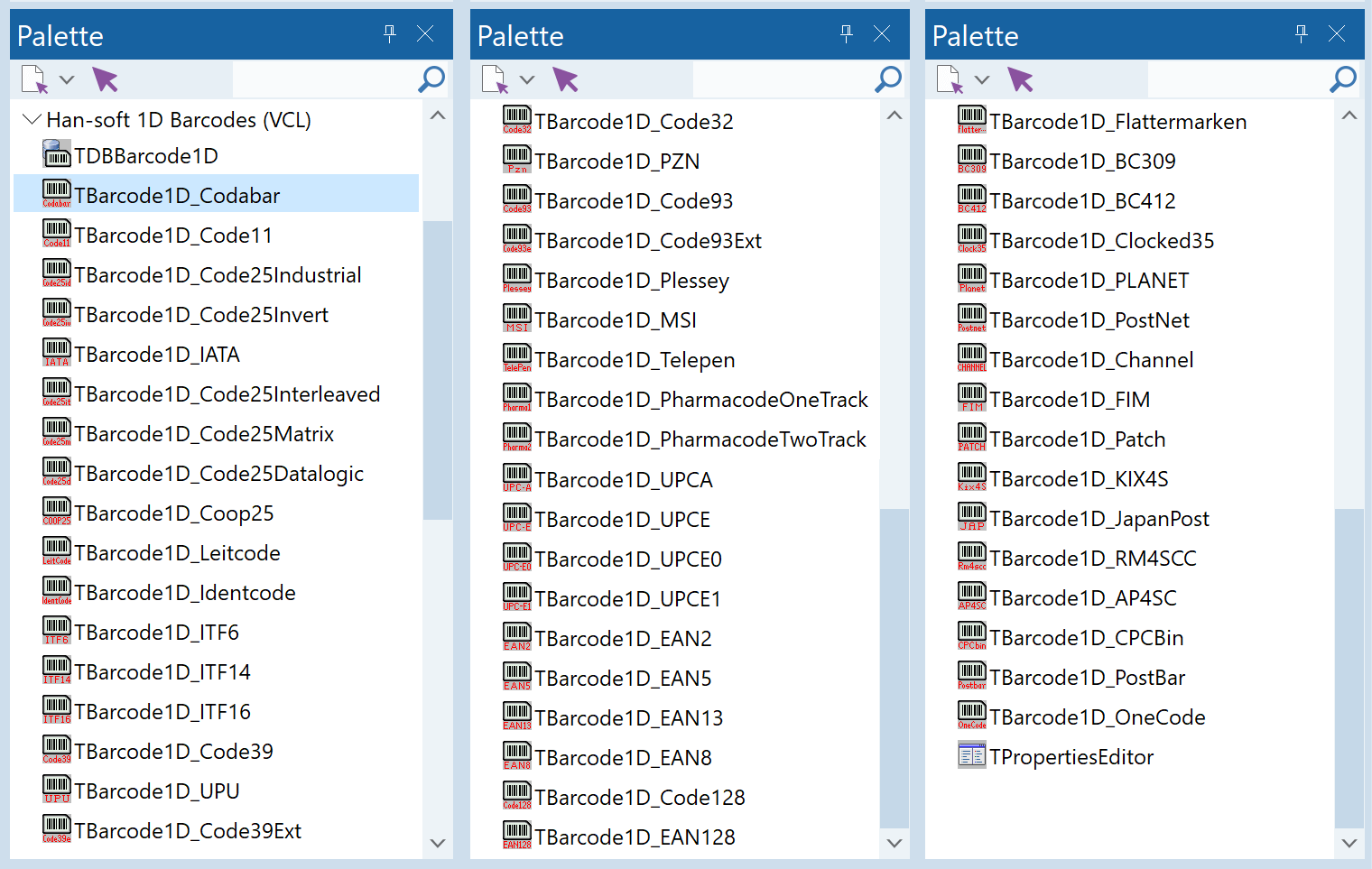 Barcode symbologies supported by 1D Barcode VCL Components